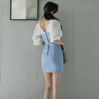 Bodycon džinsinio audinio Suknelė moterims Vasaros Mėlynos spalvos trumpomis Rankovėmis v-kaklo Ponios Korėja Džinsus Seksuali Biuro Mini Suknelės