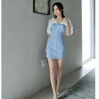 Bodycon džinsinio audinio Suknelė moterims Vasaros Mėlynos spalvos trumpomis Rankovėmis v-kaklo Ponios Korėja Džinsus Seksuali Biuro Mini Suknelės