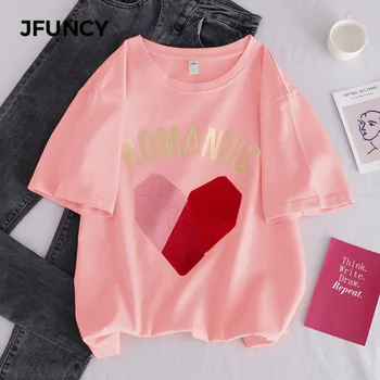 JFUNCY Mados Candy Spalva korėjos Moterų Marškinėliai 2020 M. Vasarą Cartoon Spausdinti 90s Mergina Viršūnes Trumpas Rankovės Laisvi marškinėliai Moteriška Tees