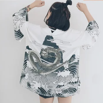 Bella Filosofija Japonija spausdinti derliaus Harajuku Stiliaus Palaidinė Bangų, Vėjo Dragon Marškinėliai Japonijos batwing rankovės kimono Derliaus Viršų