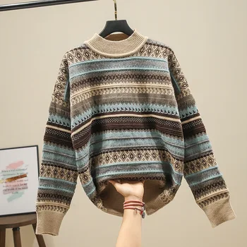Rudenį, Žiemą Moterų Megztinis Europos Stiliaus Pusę Aukšto Kaklo Dryžuotas Žakardo Megztinis Megztinis Naujas Prarasti Laisvalaikio Megztiniai LL296