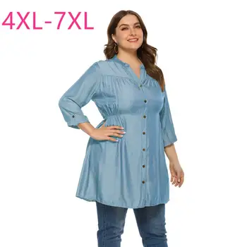 Naujas 2021 m. pavasario vasaros plius dydis viršūnes moterų didelės palaidinė atsitiktinis palaidų mėlyna žalia džinsinio V kaklo ilgi marškinėliai 4XL 5XL 6XL 7XL