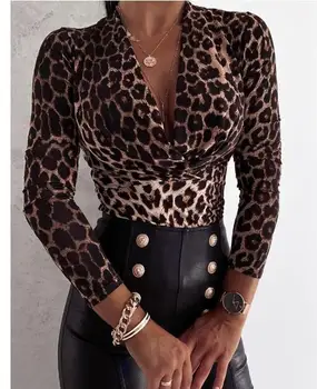 Seksualus Giliai V-kaklo, Leopardas Spausdinti Marškinėliai Moterims Slim ilgomis Rankovėmis Megztinis Palaidinė Tigras Žvaigždėtas Dangus Laišką Ponios Biuro Apranga Topai