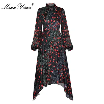 MoaaYina Mados Dizaineris suknelė Rudenį Moterų Suknelė Žibintų Rankovės Gėlių Spausdinti Derliaus Asimetriškas Suknelės