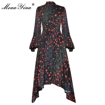 MoaaYina Mados Dizaineris suknelė Rudenį Moterų Suknelė Žibintų Rankovės Gėlių Spausdinti Derliaus Asimetriškas Suknelės
