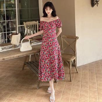 Ilgai Gėlių Moterų Šifono Suknelė Vasaros 2020 Kilimo Ir Tūpimo Tako Elegantiškas, Gražus Šalis Suknelė Boho Atogrąžų Derliaus Korėjos Paplūdimio Atostogų Suknelė