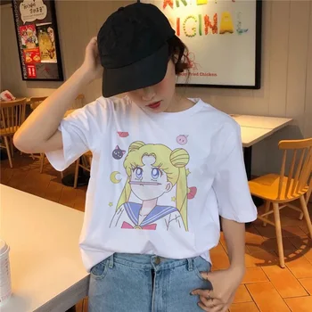Sailor Moon Marškinėliai Kawaii Vasarą Moterys T-shirt Harajuku Saldus Spausdinti Trumpas Rankovės Ullzang Marškinėlius Moterų Top Tees grafinis marškinėliai