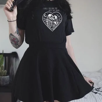 Skeletas Kiss Black, Gothic T-Shirt Moterims, Punk Streetwear Grunge Goth Marškinėlius trumpomis Rankovėmis O-kaklo Tees Tumblr Marškinėliai Helovinas Viršūnės