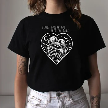Skeletas Kiss Black, Gothic T-Shirt Moterims, Punk Streetwear Grunge Goth Marškinėlius trumpomis Rankovėmis O-kaklo Tees Tumblr Marškinėliai Helovinas Viršūnės