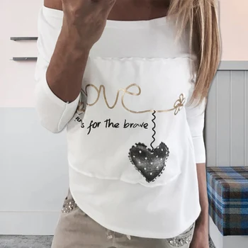 T-shirt Viršūnes Moterų Mados Moterų ilgomis rankovėmis Raidžių Meilės Spausdinti Širdies Susiuvimo Balta Peties Laisvalaikio moteriški Marškinėliai