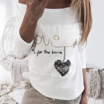 T-shirt Viršūnes Moterų Mados Moterų ilgomis rankovėmis Raidžių Meilės Spausdinti Širdies Susiuvimo Balta Peties Laisvalaikio moteriški Marškinėliai