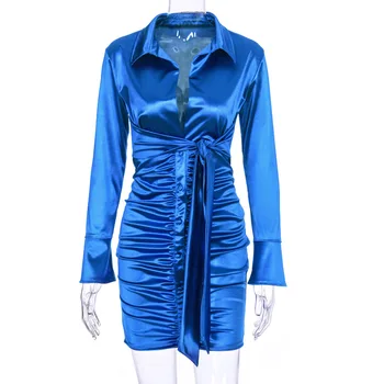 NCLAGEN 2020 m. Pavasarį Office Lady Elegantiškas Satino Marškinėliai Suknelė, Ilgas Rankovėmis Varpo Tvarstis Seksualus Mažos Krūtinės Šalies Bodycon Plisuotos Komplektai