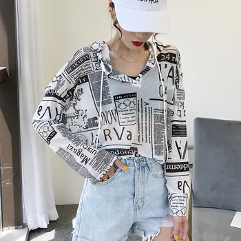 Laikraščio raidės Spausdinti Modelio Šifono Tee Marškinėliai Moterims Tuščiaviduriai Vasaros Viršūnes streetwear ilgomis Rankovėmis permatomas T-shirt paplūdimio