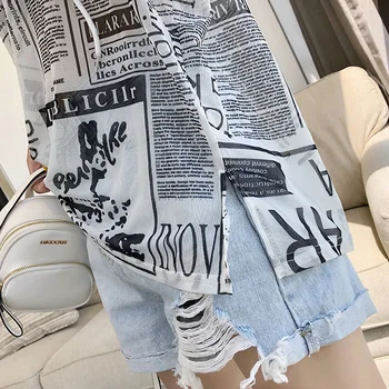 Laikraščio raidės Spausdinti Modelio Šifono Tee Marškinėliai Moterims Tuščiaviduriai Vasaros Viršūnes streetwear ilgomis Rankovėmis permatomas T-shirt paplūdimio