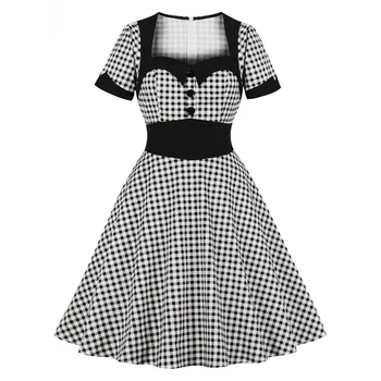 Audrey Hepburn Juodas Pledas Moterų Retro Suknelė Pin Up Diržai Mygtuką Trumpas Rankovės Vintage Suknelė Rockabilly Skraiste Šalis Suknelė Vestidos