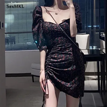 Moterų Derliaus Spausdintos Trumpos Suknelės 2020 Mados Sluoksniuotos Rankovėmis V-Kaklo, Seksuali Suknelė Korėjos Drabužių Elegantiškas Backless Šalies Klubas Suknelė