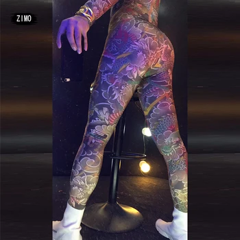 Tatuiruotė Raumenų Vyras moteris nuogas bodysuit Vyrų svečias gogo seksualus podiumo spausdinti jumpsuit liesas etape šokių klubas kostiumas rave 