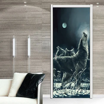 77x200cm Kūrybos Gyvūnų Mėnulis Naktį Vilkas Durų Lipdukai Dažymas Tapetų Plakatas Siena Lipdukas Miegamojo Kambarį, Namų Dekoro