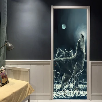 77x200cm Kūrybos Gyvūnų Mėnulis Naktį Vilkas Durų Lipdukai Dažymas Tapetų Plakatas Siena Lipdukas Miegamojo Kambarį, Namų Dekoro