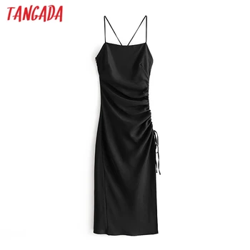 Tangada moterų sexy black satin maxi suknelė dirželis rankovių backless moterys šalis suknelės vestidos 3H703