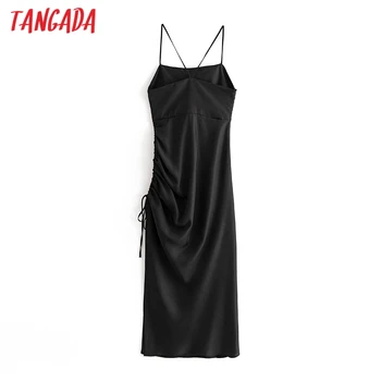 Tangada moterų sexy black satin maxi suknelė dirželis rankovių backless moterys šalis suknelės vestidos 3H703