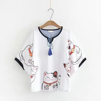 Moterų marškinėliai Animaciją Kačių spausdinti Raišteliu Femme Kinų Stiliaus Batwing Rankovės, Trumpos Rankovės Vasaros Prarasti Viršūnes Tee YUPINCIAGA