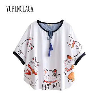 Moterų marškinėliai Animaciją Kačių spausdinti Raišteliu Femme Kinų Stiliaus Batwing Rankovės, Trumpos Rankovės Vasaros Prarasti Viršūnes Tee YUPINCIAGA