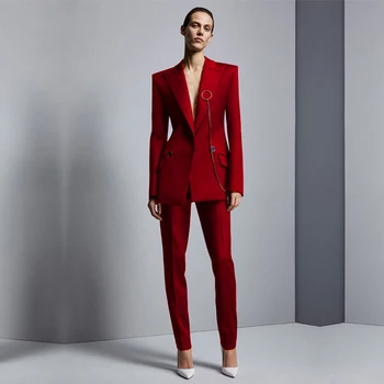 2020 Naujausias Raudona Užsakymą Moterų Kostiumai Moterims Darbe Dėvėti Ponios Kostiumas Verslo Kostiumai, Biuro Tuxedos Dviejų Dalių Kostiumai(Švarkas+Kelnės)