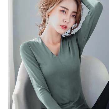 Camisa Feminina 2020 V-Kaklo Marškinėliai Moterims Moteriški Viršūnes Long Sleeve T-Shirt Moterų Medvilnės Marškinėlius Tees Korėjos Drabužių Poleras Mujer