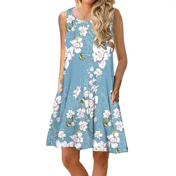 Nauja Vasaros Kišenės Prarasti Suknelė Moterims, O-Kaklo Atsitiktinis Rankovių Paplūdimio Suknelė Vintage Gėlių Spausdinti Mini Suknelės, Plius Dydis Sundress