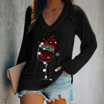 2020 ilgomis Rankovėmis Kalėdų Moterims T marškinėliai Mados Atsitiktinis Palaidų V kaklo Raudonas Vynas Stiklo Spausdinti Puloveriai Moterų Trišakiai Plius Dydis S-3XL