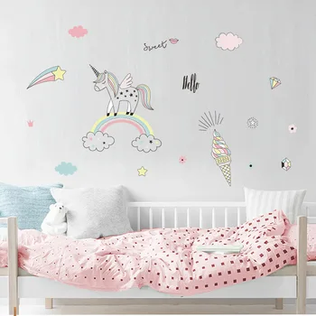 Animacinių filmų ranka-dažytos vaivorykštė vienaragis sienų lipdukai vaikų darželis, vaikų kambario foną siena lipdukas freskomis vaikams, sienų dekoras