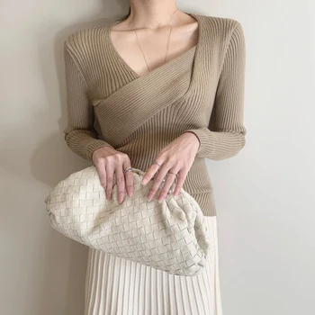 Korėjos Stiliaus Moteris Puloveriai Megztiniai 2020 Naujų Rudens V-neck Slim Ponios Megztiniai vientisos Spalvos ilgomis Rankovėmis Moterims Drabužių