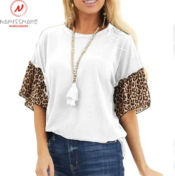 Madingų Moterų Vasara Atsitiktinis Laisvi Marškinėliai Kratinys Dizainas O-Kaklo Blyksnius Rankovės Leopardas Spausdinti Puloveriai Viršų