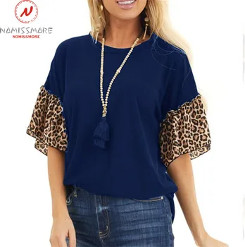 Madingų Moterų Vasara Atsitiktinis Laisvi Marškinėliai Kratinys Dizainas O-Kaklo Blyksnius Rankovės Leopardas Spausdinti Puloveriai Viršų