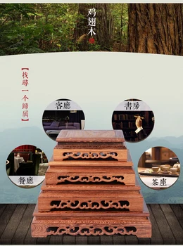 Raudonmedžio skulptūra amatų Budos statula bazės vištienos sparneliai medinis, stačiakampio formos vaza keista, akmens bazės medžio masyvo parama