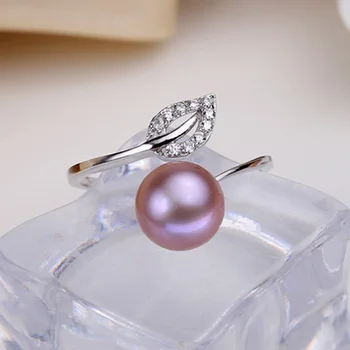 ASHIQI 925 Sterlingas Sidabro Žiedai Lapų papuošalai 8-9mm Nekilnojamojo Natūralių gėlavandenių perlų balta rausva, violetinė Atidaryti Piršto žiedą