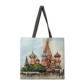 Aliejaus tapybai Kremliaus lino pirkinių krepšys ponios pečių maišą, sulankstomas pirkinių krepšys lauko paplūdimio rankinės, moteriškos rankinės