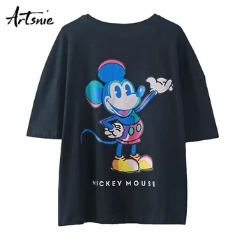 Artsnie mickey mouse spausdinti moterų marškinėliai streetwear atsitiktinis animacinių filmų topai moterų vasaros 2020 m., o kaklo trumpomis rankovėmis t-shirt mujer