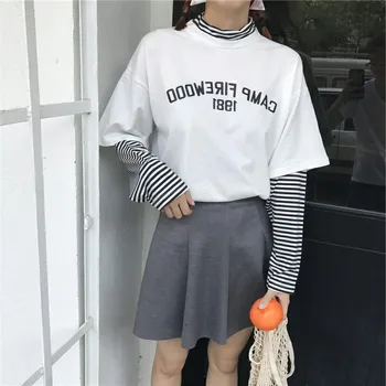 Neatie Kiddie korėjos Stiliaus Juostele Long Sleeve T-shirt Moterims Topai Laiškas Spausdinti Streetwear Atsitiktinis Harajuku marškinėliai Moterų Drabužiai