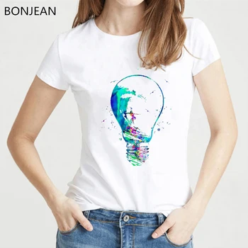 Naujovė dizaino akvarelė banglentininkas mergaitė lemputė marškinėliai moterims hipster kietas ponios tee marškinėliai femme korėjos stiliaus marškinėliai moteriška