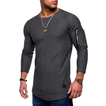 2021 mados atsitiktinis fitneso hipster marškinėliai ilgomis rankovėmis kišenės užtrauktuką kratinys O-kaklo gatvės viršūnes vientisos spalvos medvilniniai marškinėliai