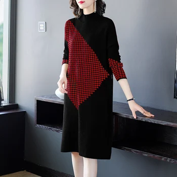 Elegantiška Moteriška Juoda Golfo Mezgimo Megztiniai 2020 Plius Dydis Moterų Derliaus Ilgai Megztiniai Rudens Žiemos Atsitiktinis Šiltos Suknelės