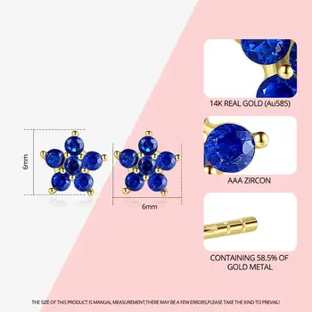 CZCITY Prekės ženklo Projektavimo 14 KARATŲ tikro Aukso Mažų Gėlių Stud Auskarai Moterims, Merginos, Pažintys, Mėlynos arba Baltos spalvos Mikro CZ Fine Jewelry Brincos