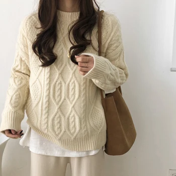 2 spalvų 2019 m. rudens ir žiemos vientisos spalvos twist ilgomis rankovėmis megztinis storas megzti moteriški megztiniai (C9206)