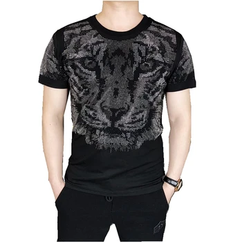 Atsitiktinis O-Neck Tee Marškinėliai Homme Mados Deimantų Tigras Vadovas T-shirt Mens Aukštos Kokybės Vasaros Marškinėliai Vyrams trumpomis Rankovėmis Streetwear