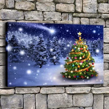 Drobė Sienos Menas Nuotraukų Rėmelis, 1 Vnt Kalėdų Eglutė Žiemą Miško Tapyba Kambarį Šiuolaikinė Spausdinta Snieguotas Naktį Plakatas