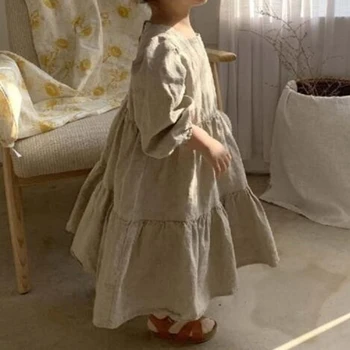Korėjos Japonija Stiliaus Lino Medvilnės Vaikai Šalis Suknelės Bamblys Kūdikių Mergaičių Gražių Princess Dress Rudenį Mergaitėms Ilgomis Rankovėmis Suknelė