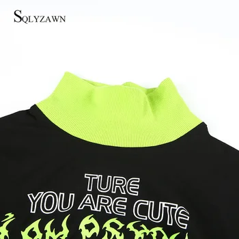 Gotikos Pavasario Netikrą 2 Vnt Golfo Long Sleeve T Shirt Moterims Spalva Blokuoti Neoninė Žalia Laišką Išlaikyti Šiltas Tee Marškinėliai Streetwear