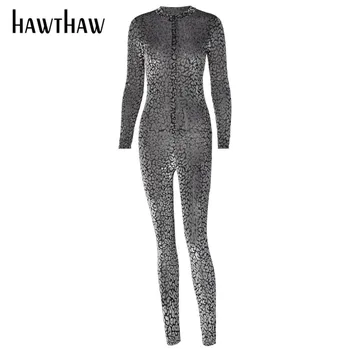 Hawthaw Moteris Rudens-Žiemos Užtrauktukas Long Sleeve V-Kaklo Bodycon Matyti Per Jumpsuit Romper Playsuit 2020 M. Rudenį Drabužių Streetwear